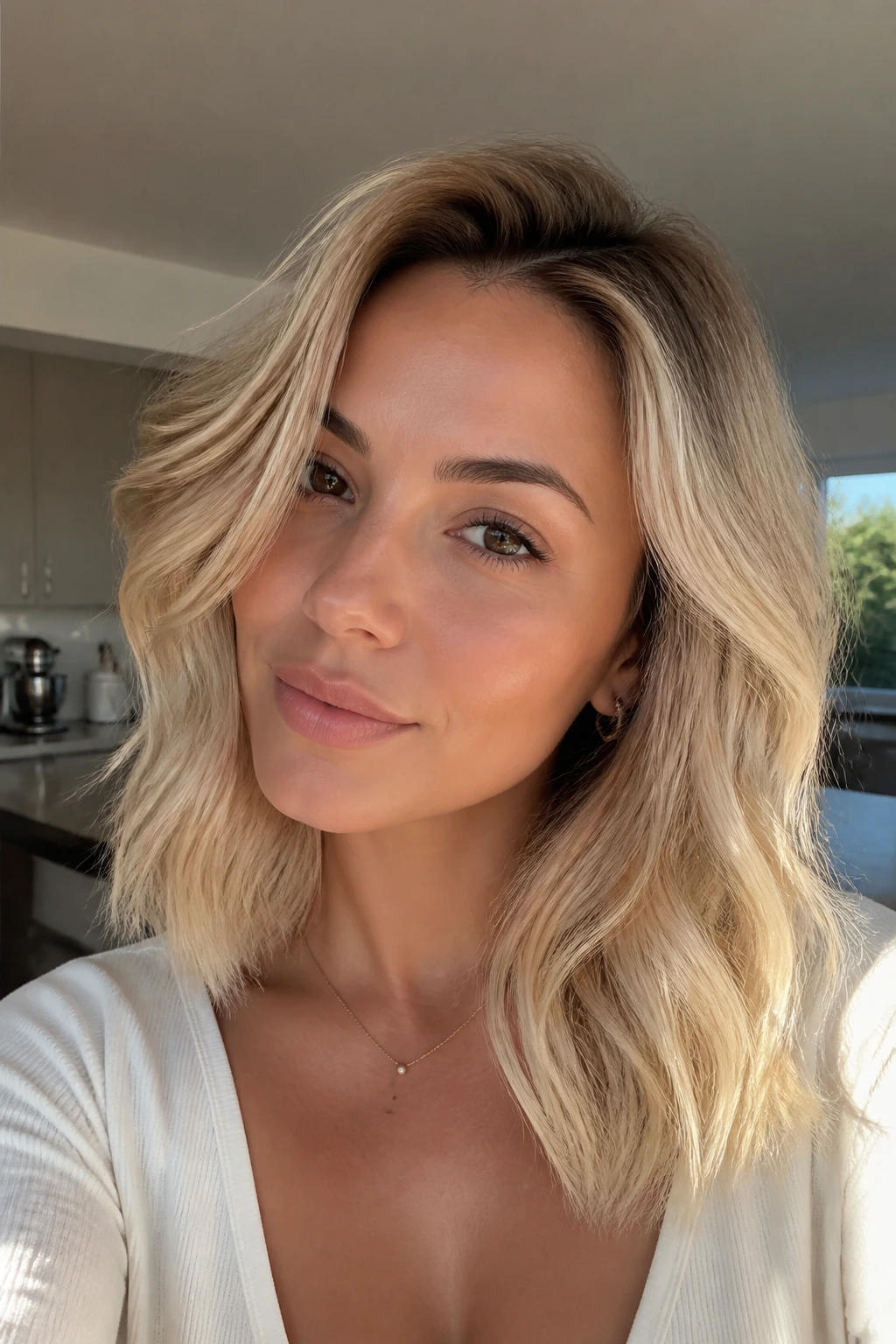 Close-up of a real woman with muted buttercream blonde hair and subtle root shadow.