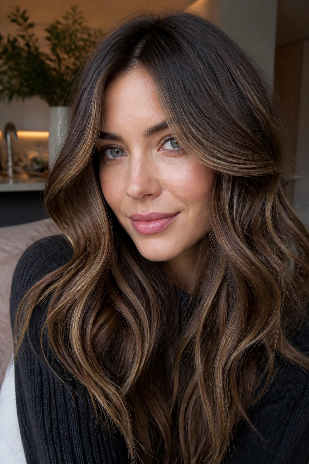 Close-up of a real woman with muted caramel on chestnut hair