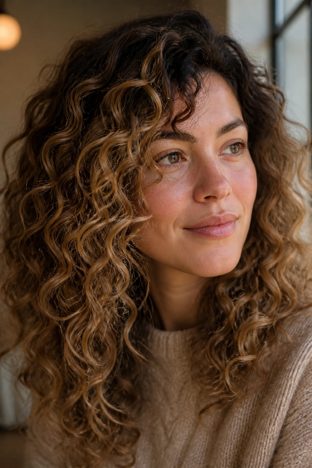 Close-up of real woman with muted golden beige curls on pink undertone skin