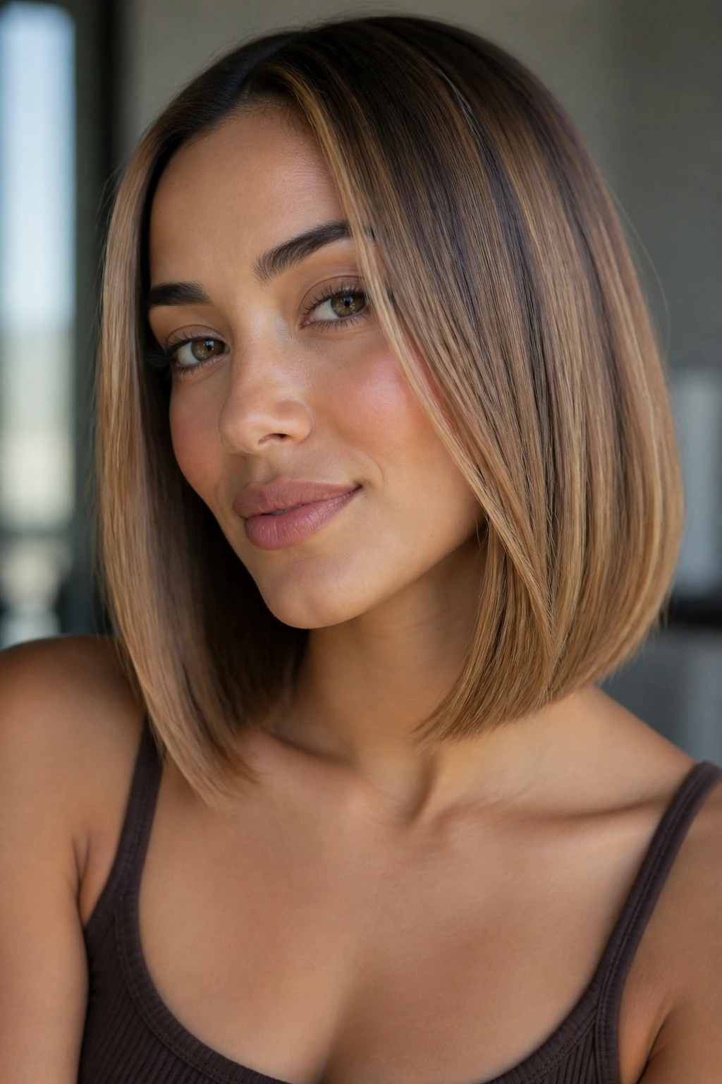 Close-up of a woman with beige-toned honey caramel in a straight bob on cool olive skin