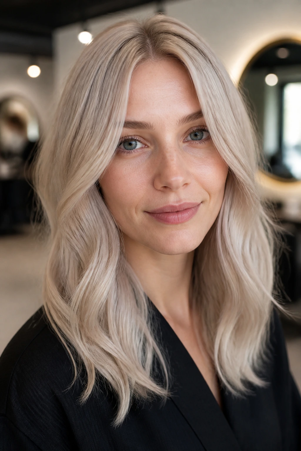 Close-up portrait of a real woman with muted platinum beige hair