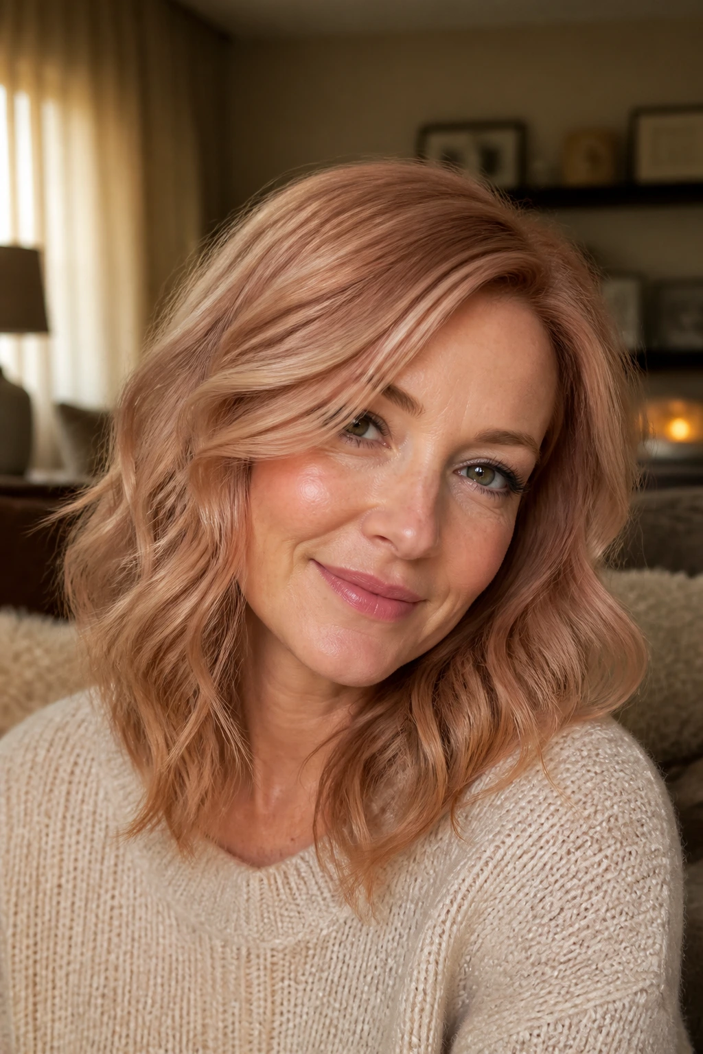 Close-up portrait of a real woman with vintage muted strawberry blonde and soft waves