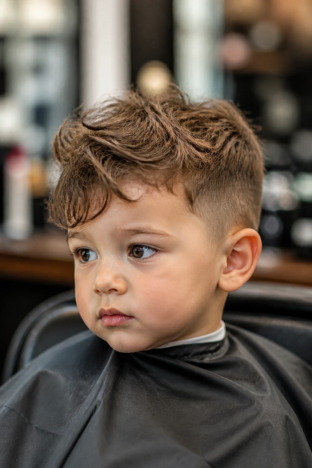 Toddler boy with nap-friendly undercut pixie, soft temple taper and longer fringe, portrait in cozy setting