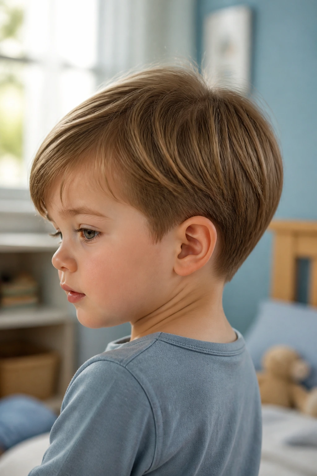 Close-up of toddler boy with nap-ready bob and low neck sweep in a cozy bedroom