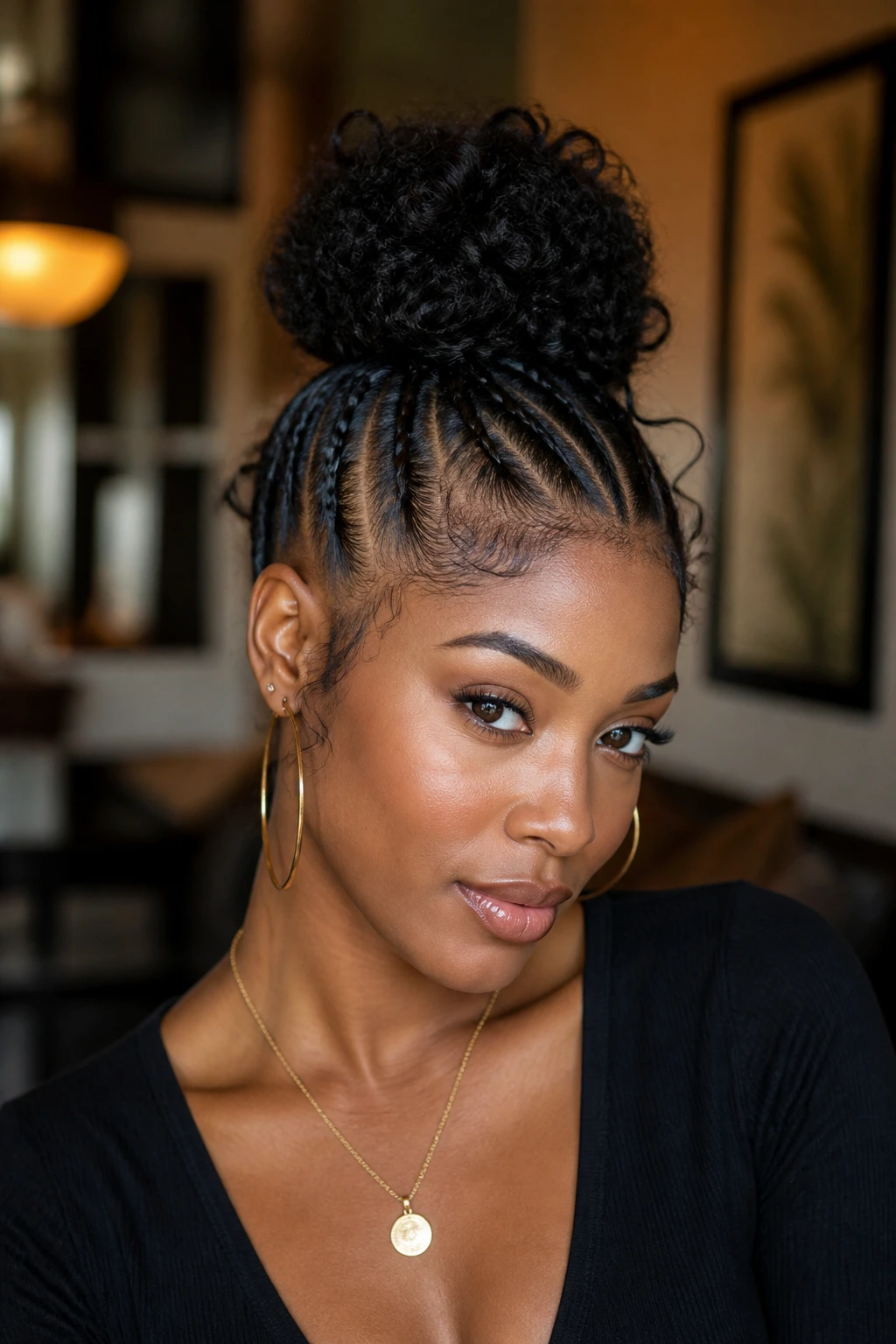 Head-and-shoulders portrait of a real woman with nape cornrows and a high curly bun