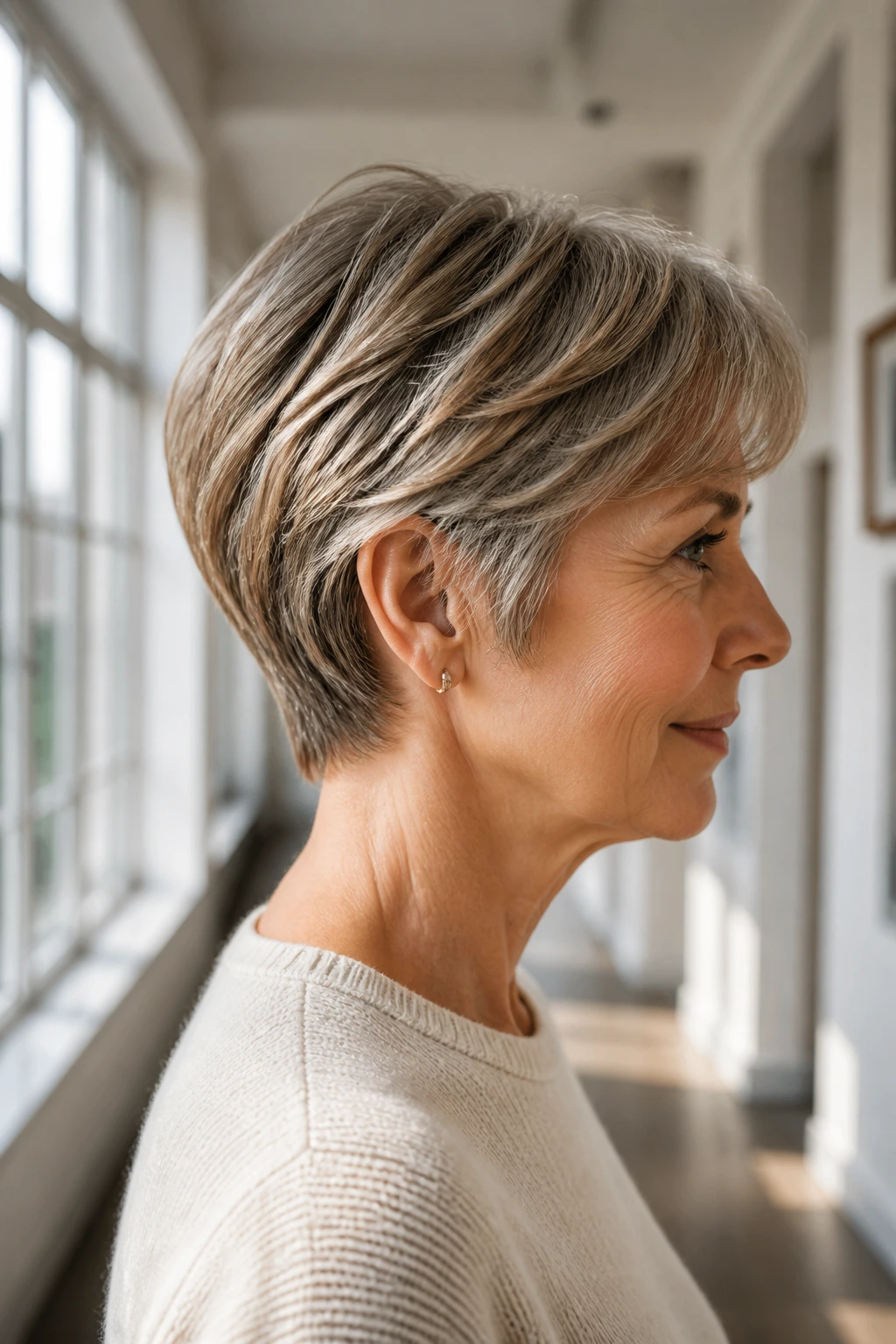 Profile view of a woman with a nape-length layered crop highlighting the back silhouette.