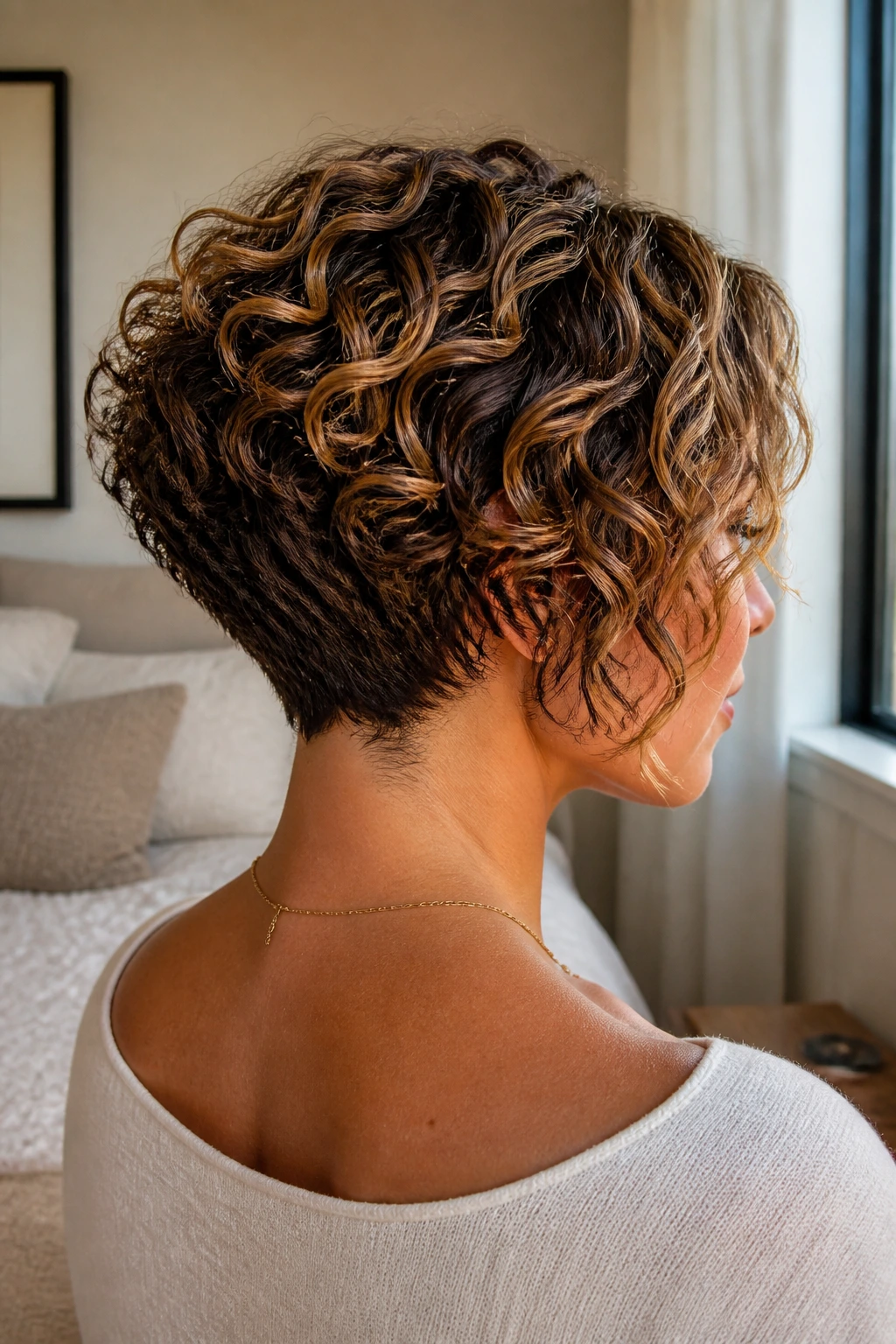 Close-up of a real woman with a curly inverted bob showing nape and curl pattern with sun-kissed babylights
