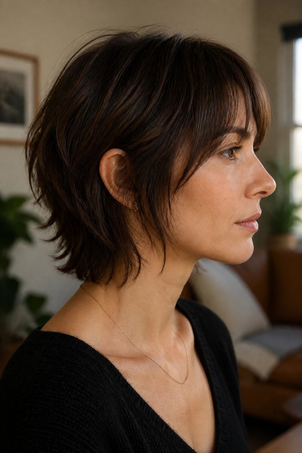 Real woman with nape-grazing shag in a cozy indoor setting