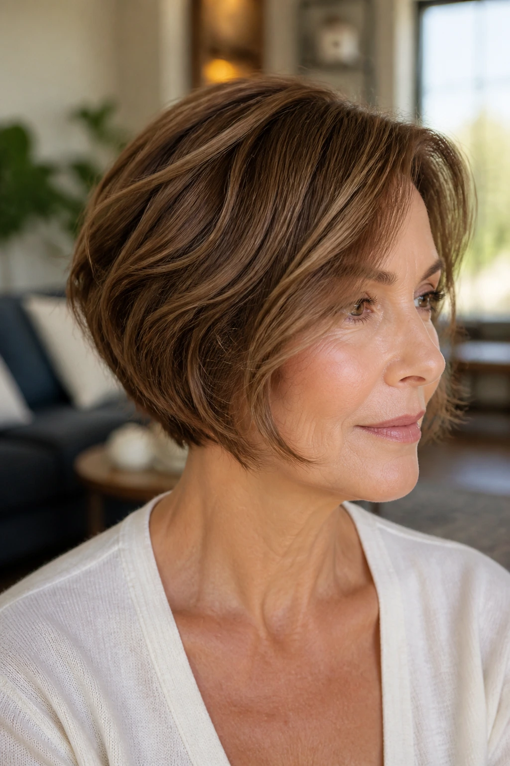 Close-up portrait of a real woman with nape-hugging bob and longer top layers