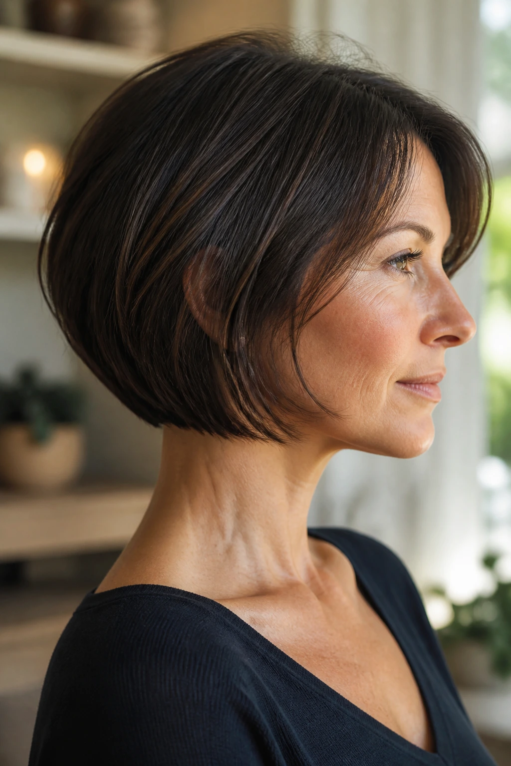 Close-up portrait of a real woman with a Nape-Hugging Bob hairstyle