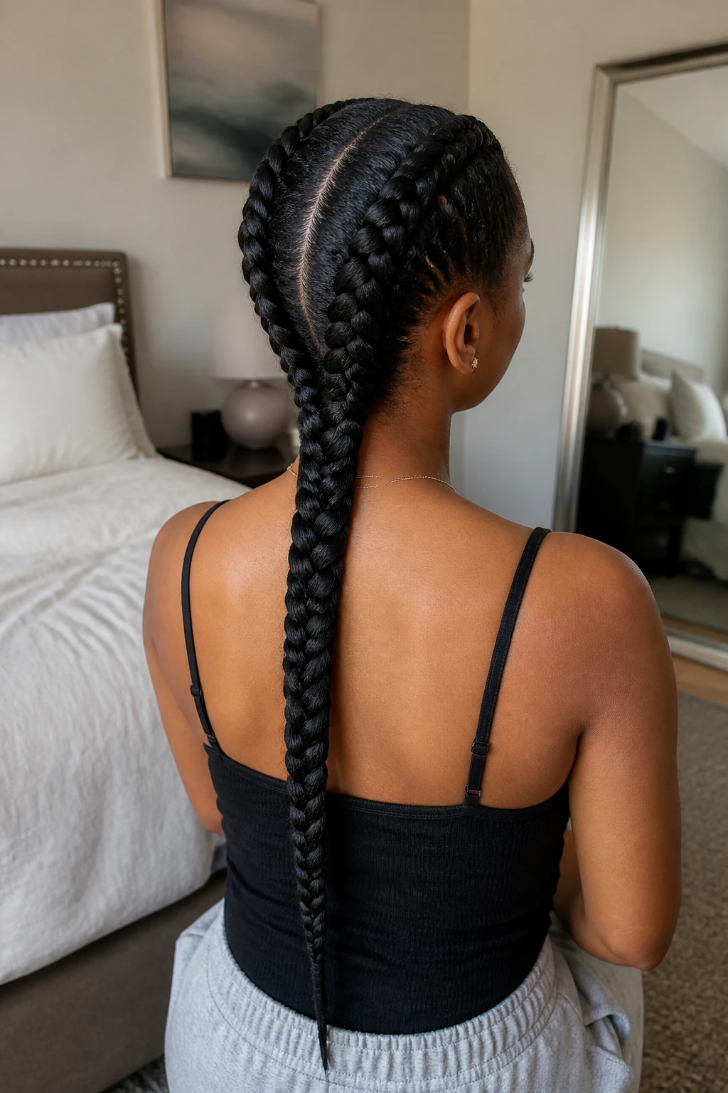 Rear three-quarter portrait of a real person showing two Dutch braids meeting at the nape and becoming one long braid.