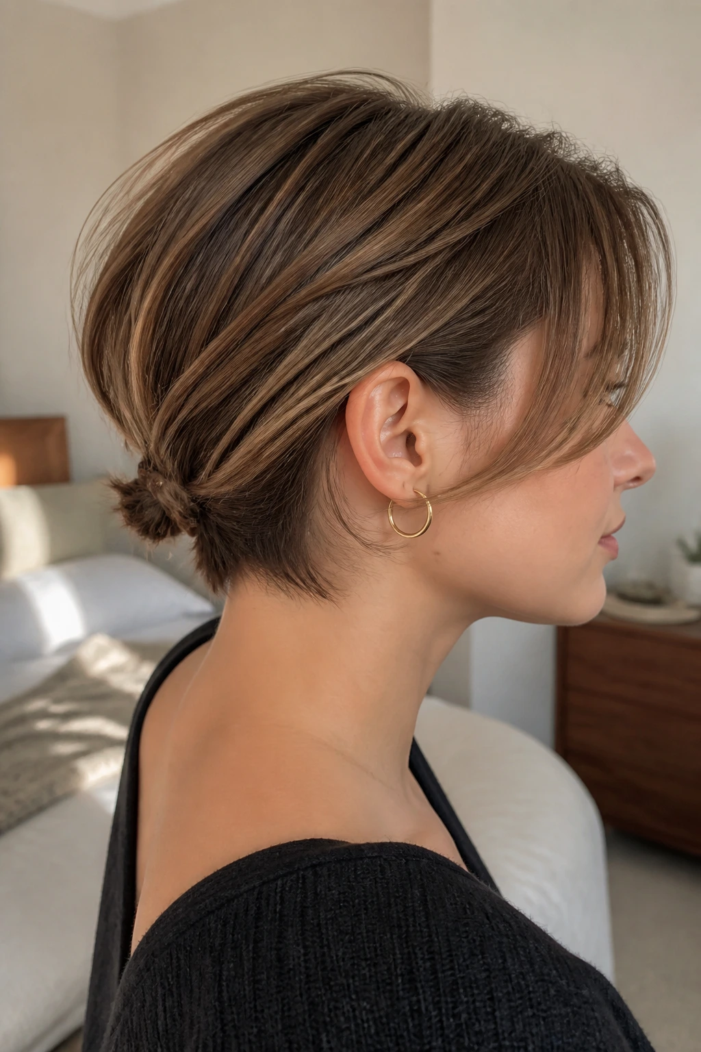 Portrait of a real woman with a mini nape knot on a layered bob.