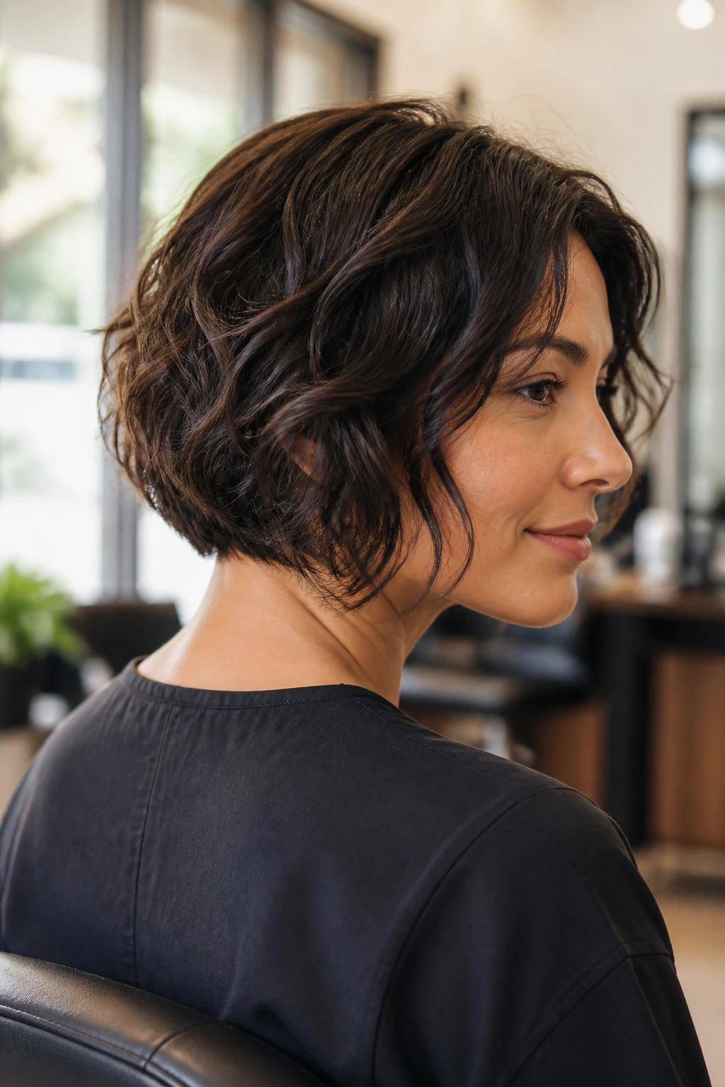 Real person with a nape-length bob showing subtle internal layers in a salon setting