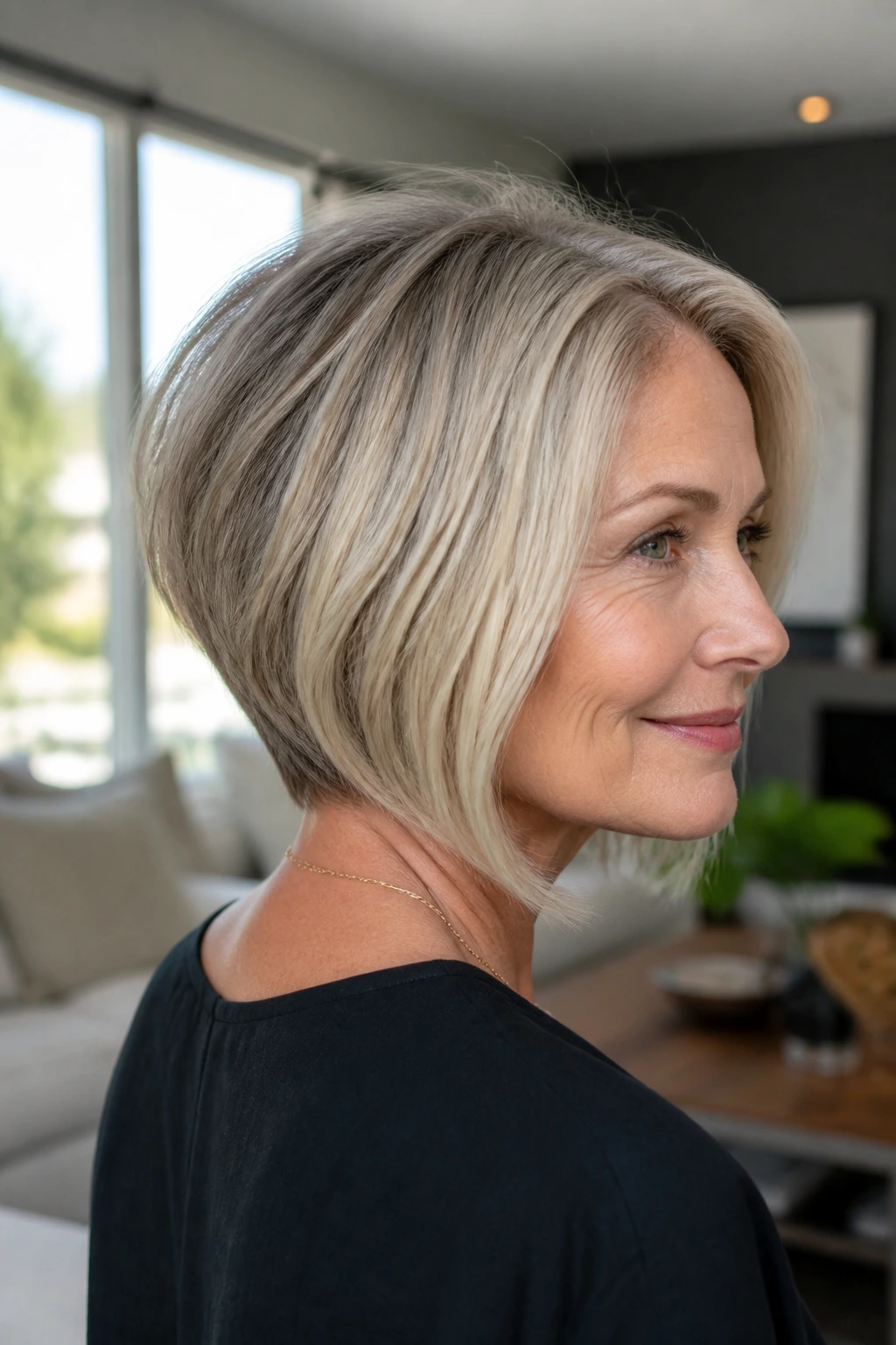 Portrait of real woman with lifted nape lob showing back stack and longer front pieces