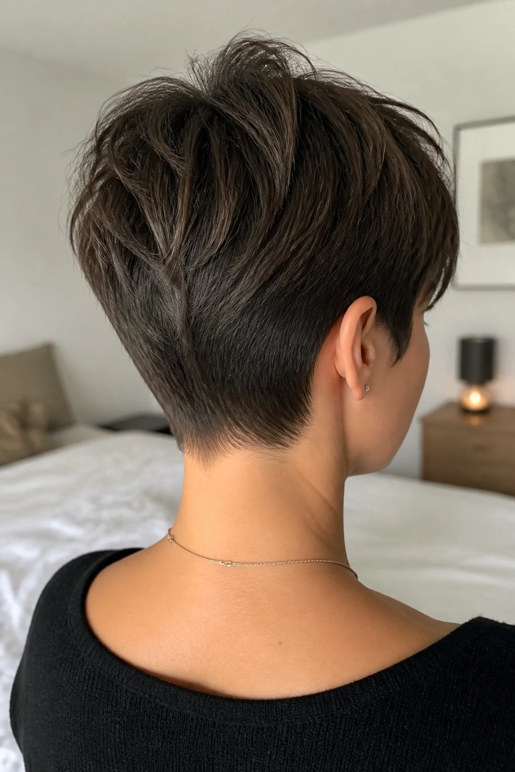 Back-of-head portrait showing a snug nape pixie on a real person
