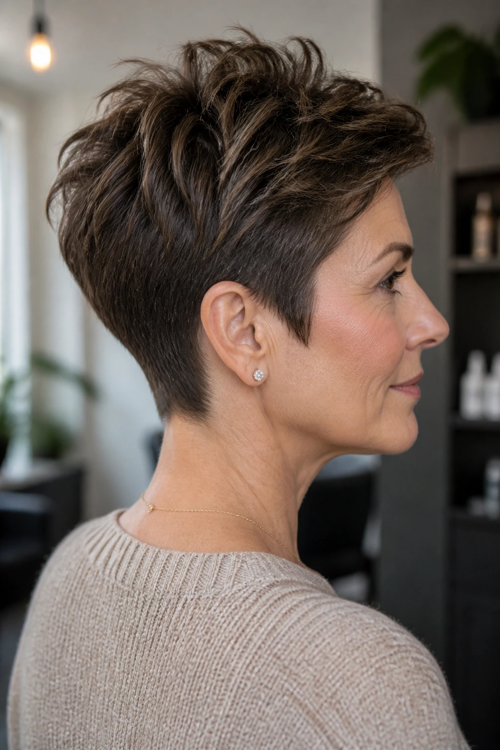 Profile view of a real woman with a nape-hugging lifted-crown pixie showing a clean nape and elevated crown.