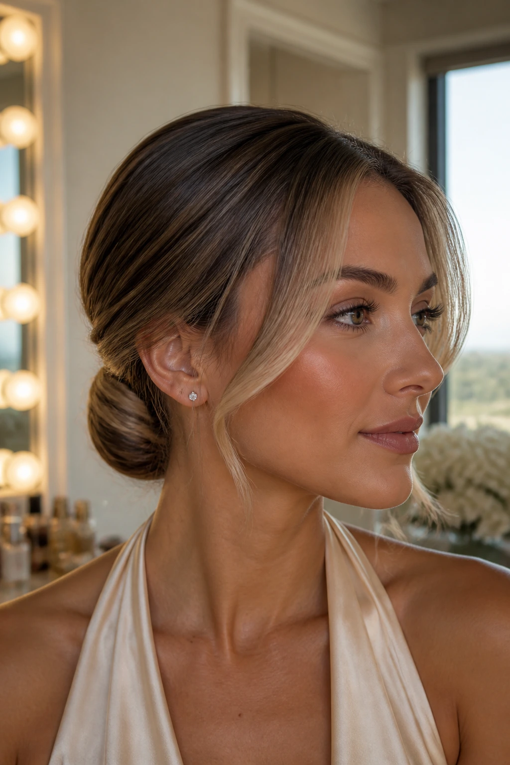 Close-up of a woman with a tucked-under nape ponytail and money-piece highlights