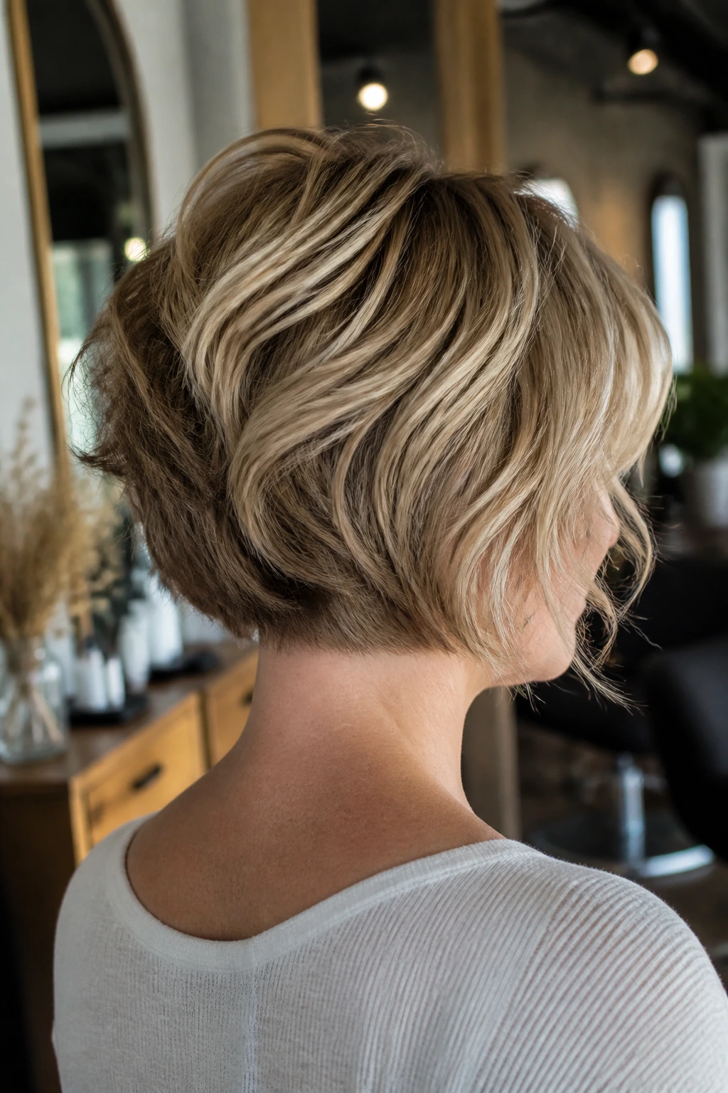 Back view of real woman with soft nape stack and airy ends