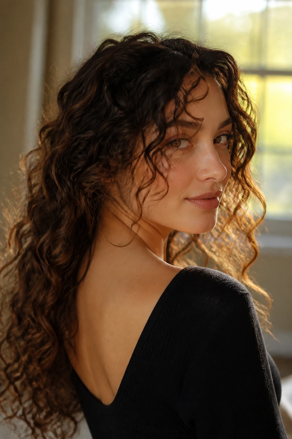 Close-up portrait of a real woman with a subtle nape taper in long curly hair, front face-framing strands.