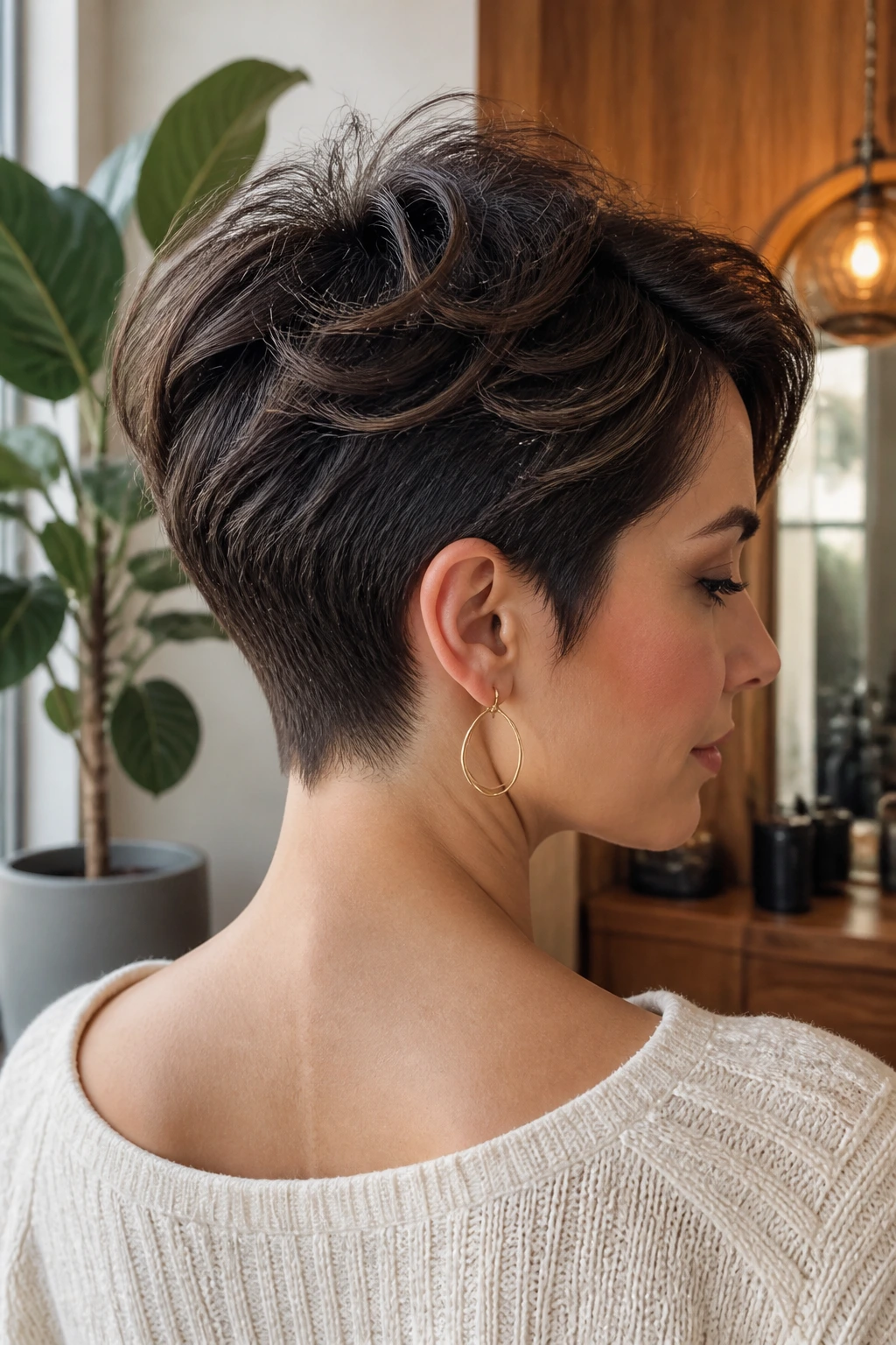 Close-up portrait of a real woman with a crisp nape taper pixie and defined neckline