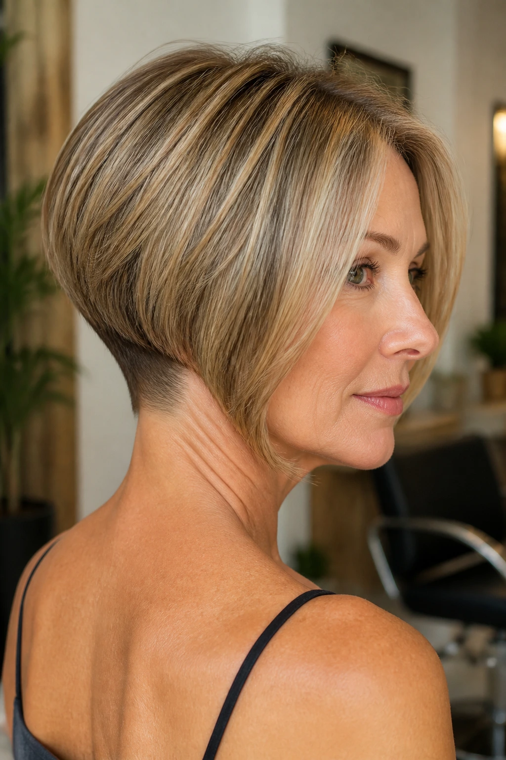 Portrait of a real woman with a nape-tapered bob and clean neckline