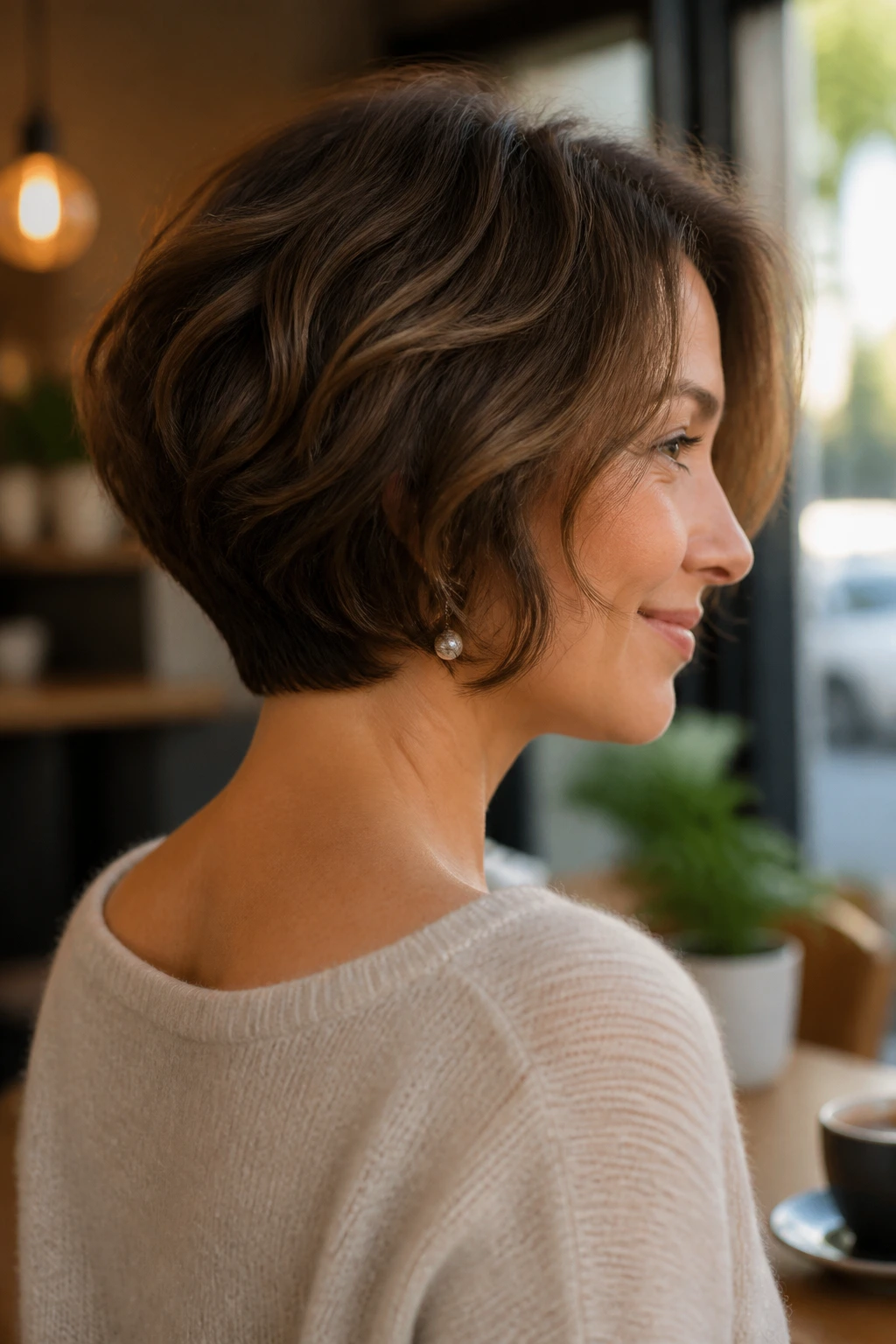 Portrait of a woman with a nape hugging tapered bob in cafe daylight