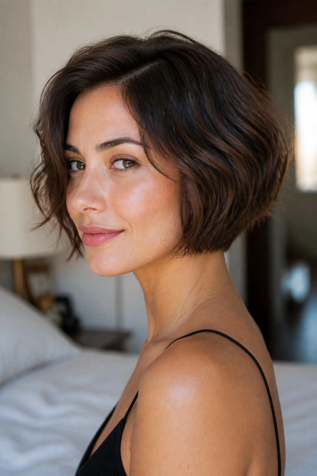 Real woman with nape-tapered bob in soft morning light.
