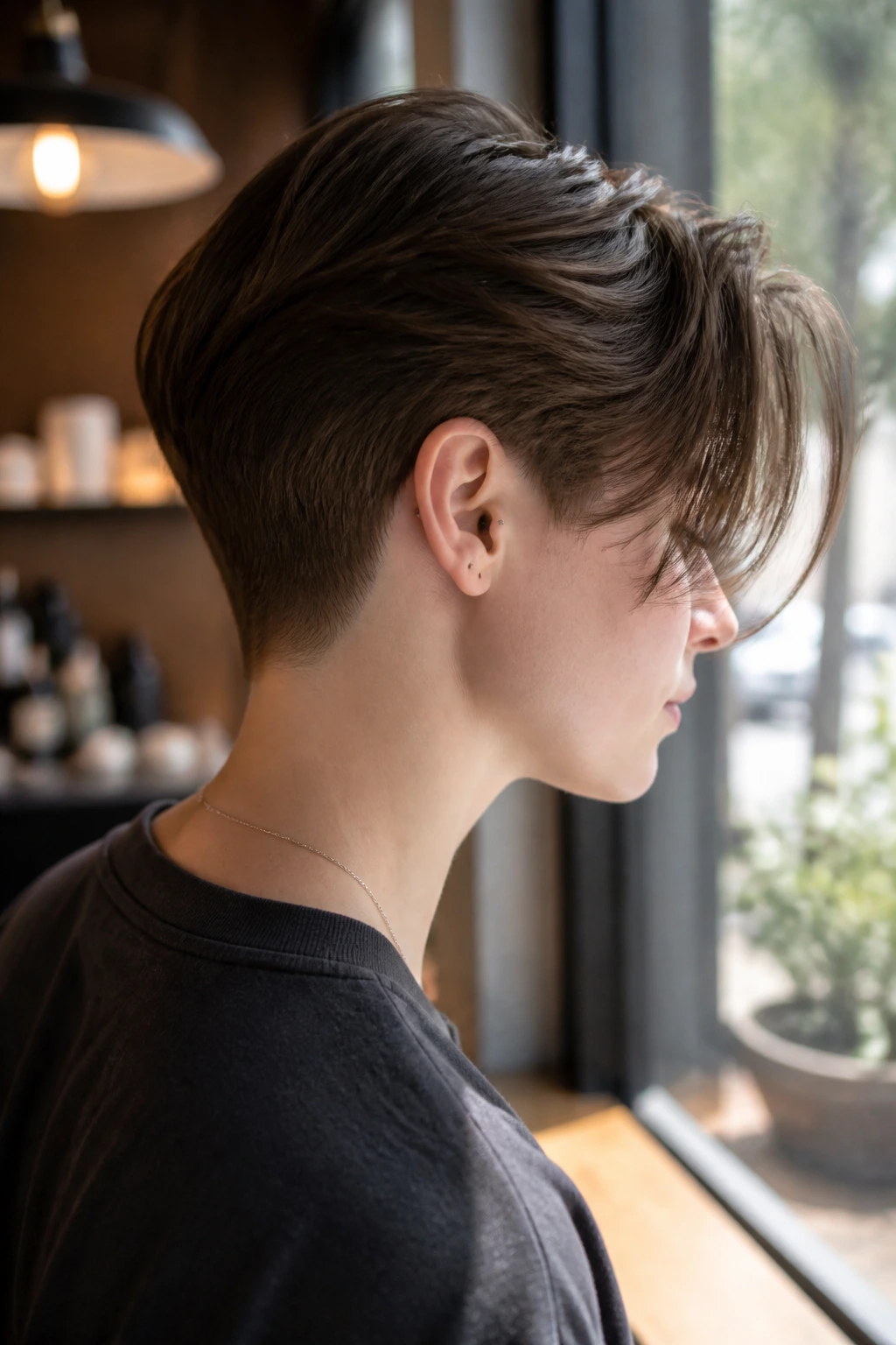 Profile close-up of a real person with Nape-Tapered Crop hairstyle