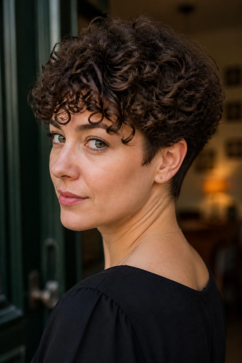 Close-up of a real woman with a nape-tapered curly crop by a doorway
