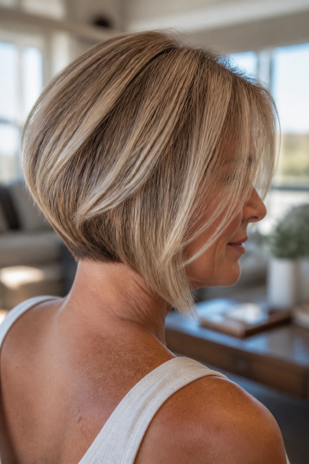 Close-up of a woman with a nape-tapered lob showing back shorter and front longer