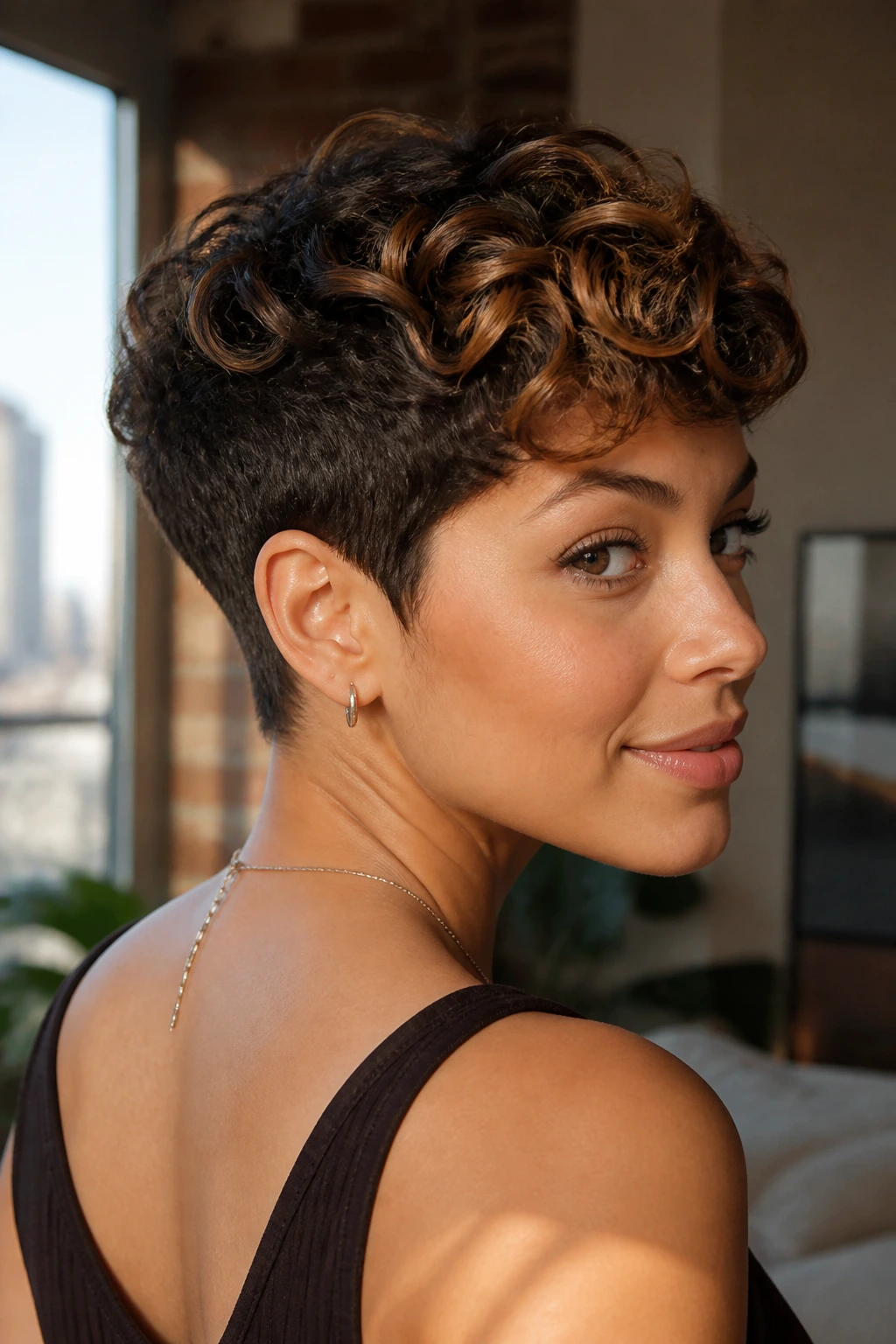 Close-up of a real woman's nape-tapered curly pixie showing high caramel highlights