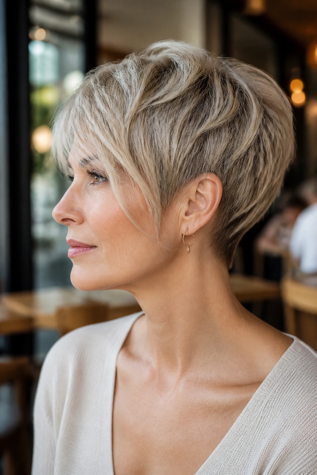 Close-up of real woman with nape-tapered pixie and face-framing fringe