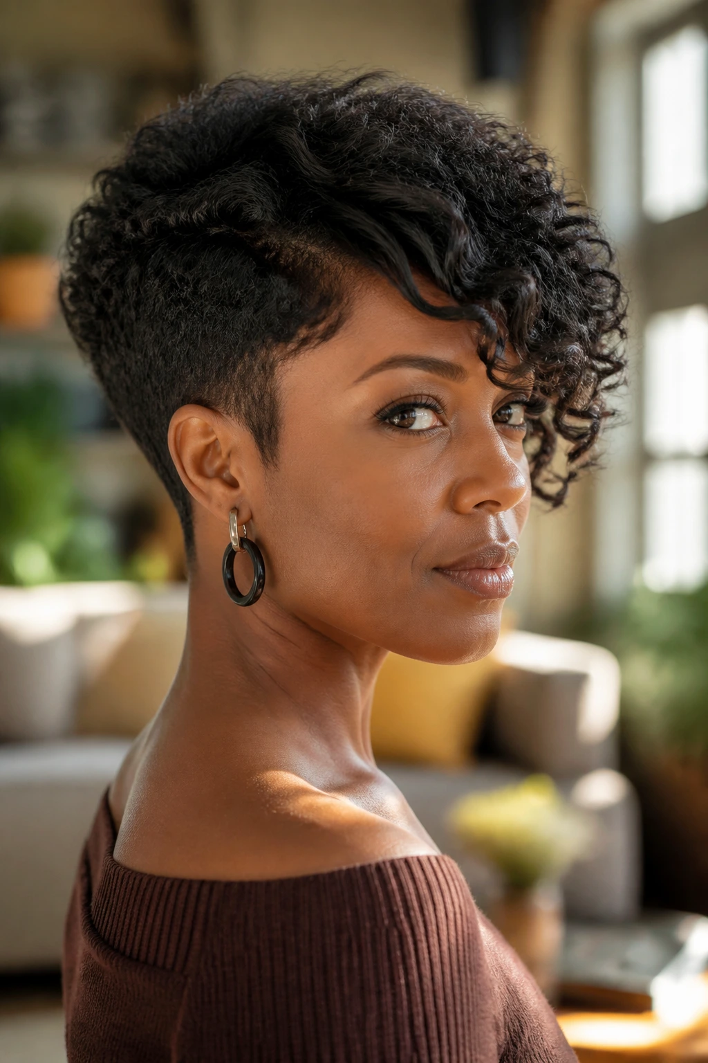 Close-up of a real Black woman with a nape-tapered cut and diagonal front sweep
