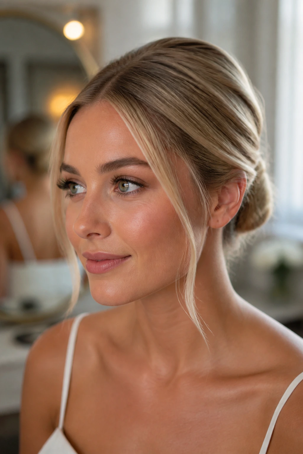 Close-up of a blonde woman with a minimalist nape twist and middle-part showing face-framing money pieces.