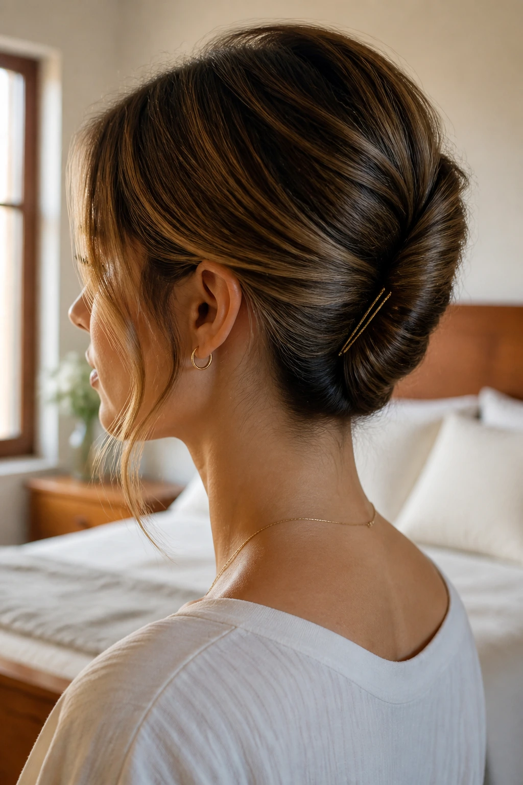 Close-up of a real woman's nape twist pinned at the back with face-framing layers visible