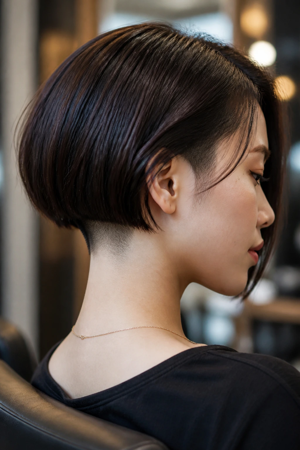 Close-up of a real person with a nape undercut bob showing longer top layer