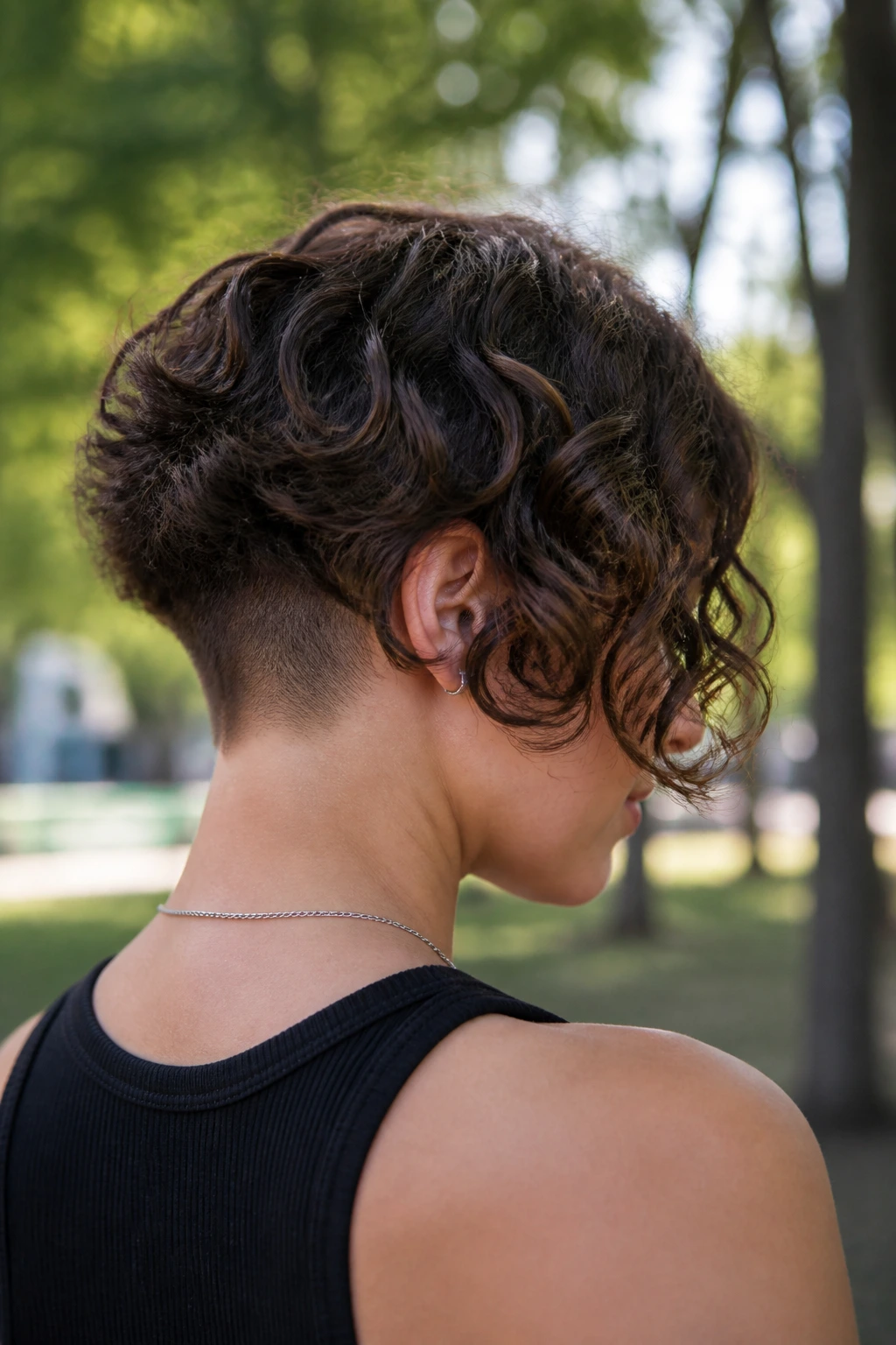 Three-quarter back view of a woman with a nape-under-cut bob.