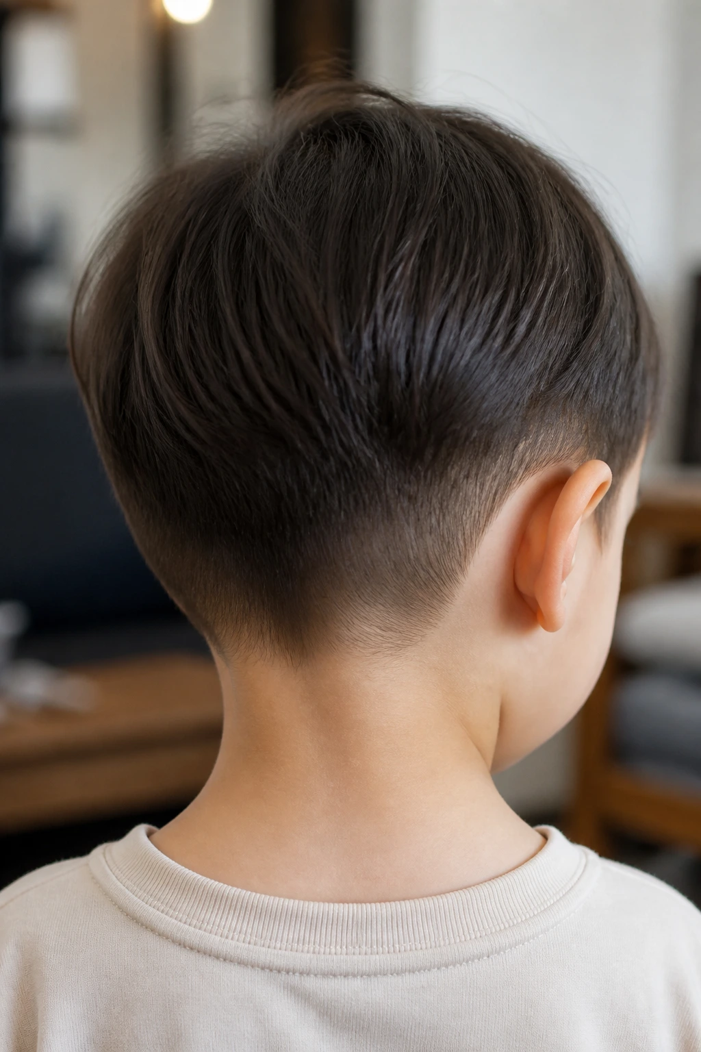 Back-of-head view of toddler boy showing a low nape undercut on fine hair