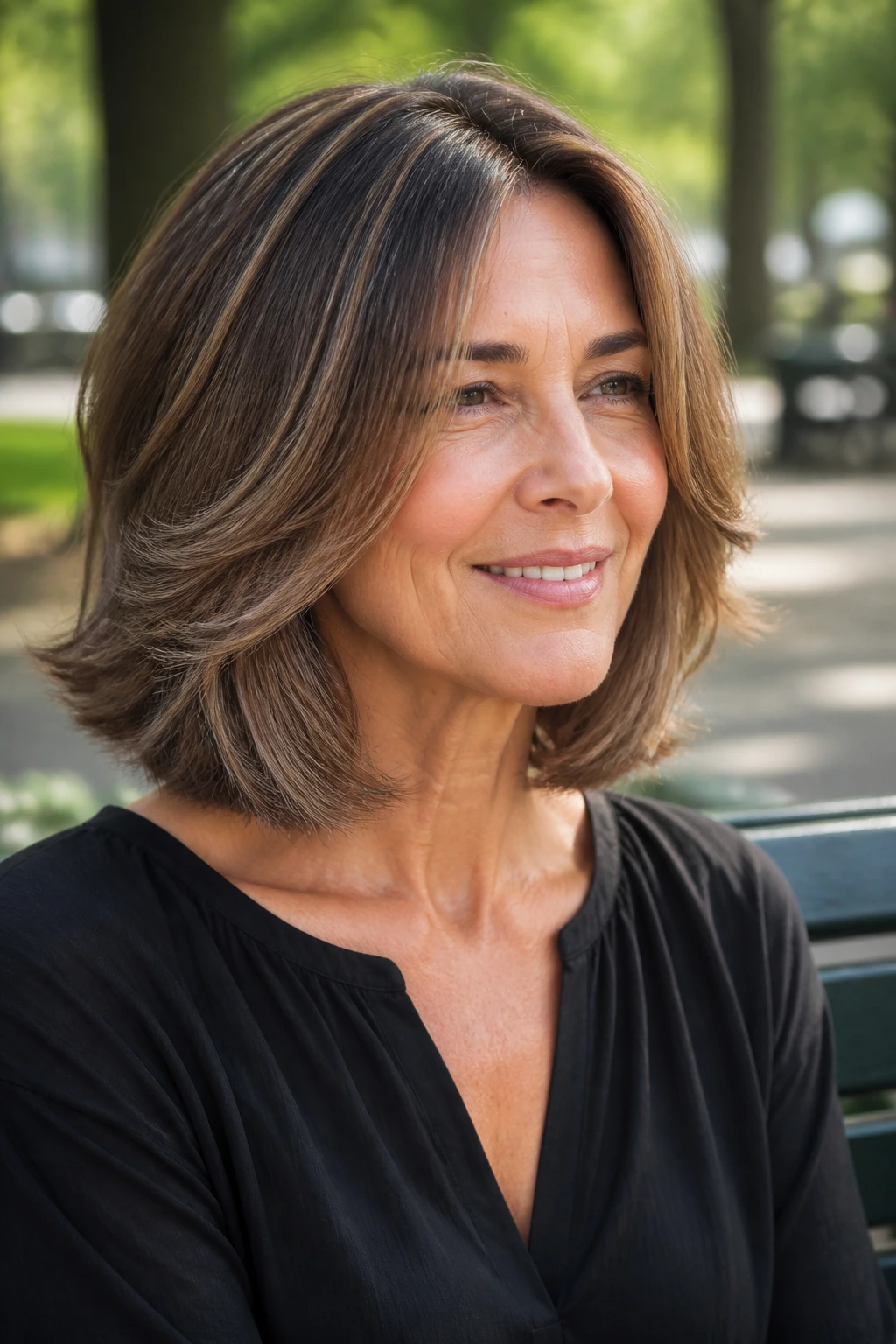Close-up portrait of a real woman with a narrow face and outward-flaring lob sides