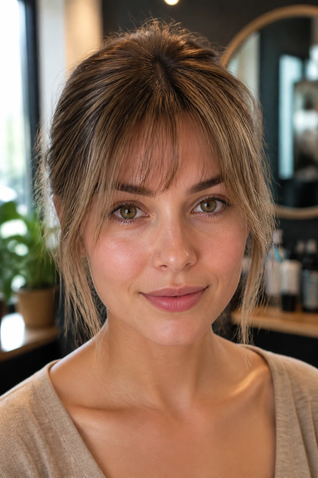 Close-up portrait of a real woman showing a center-opening fringe with lighter temples and a dense center