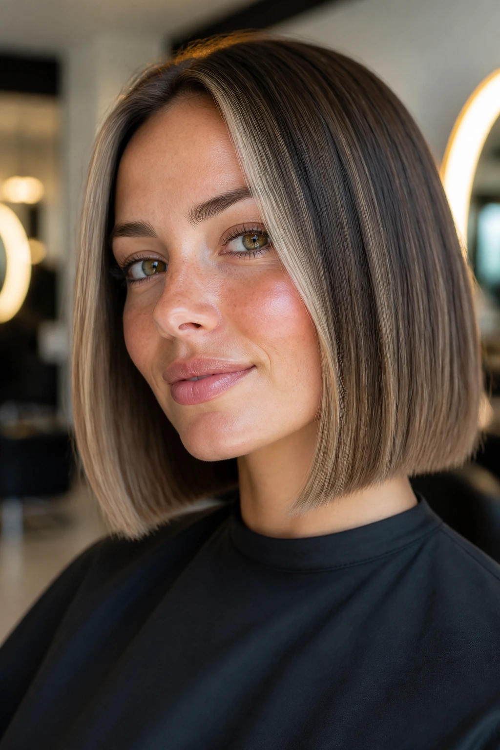 Woman with narrow money piece on straight bob