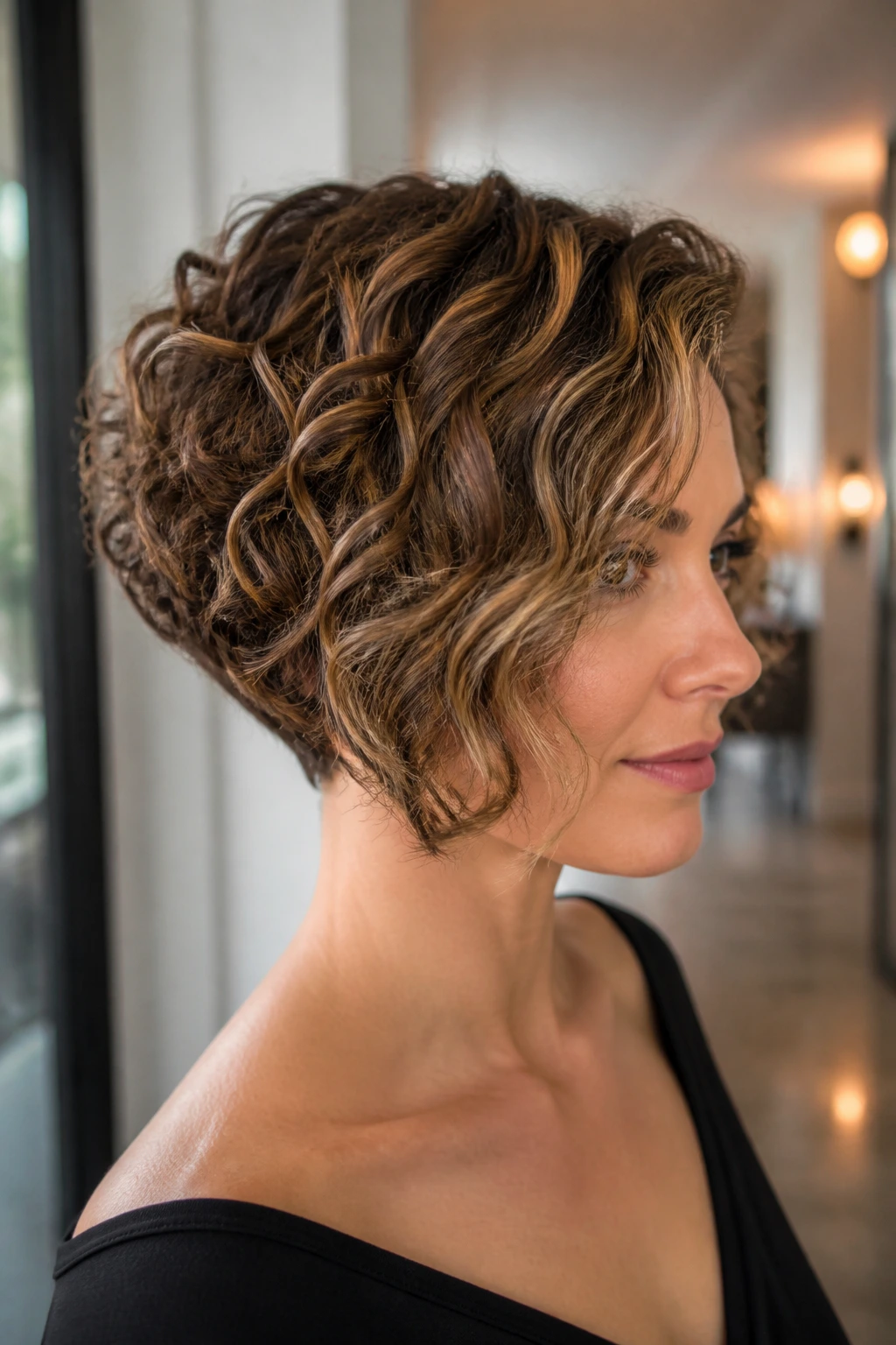 Three-quarter view of real woman showing narrow nape and wide front inverted bob with front babylights.