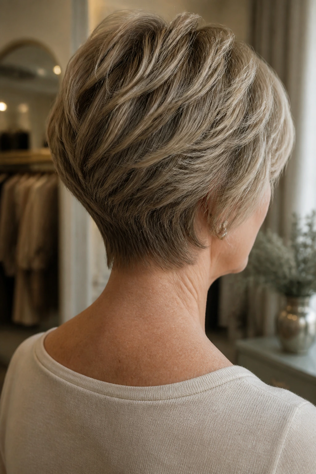 Back view of real woman with narrow neckline shag at nape