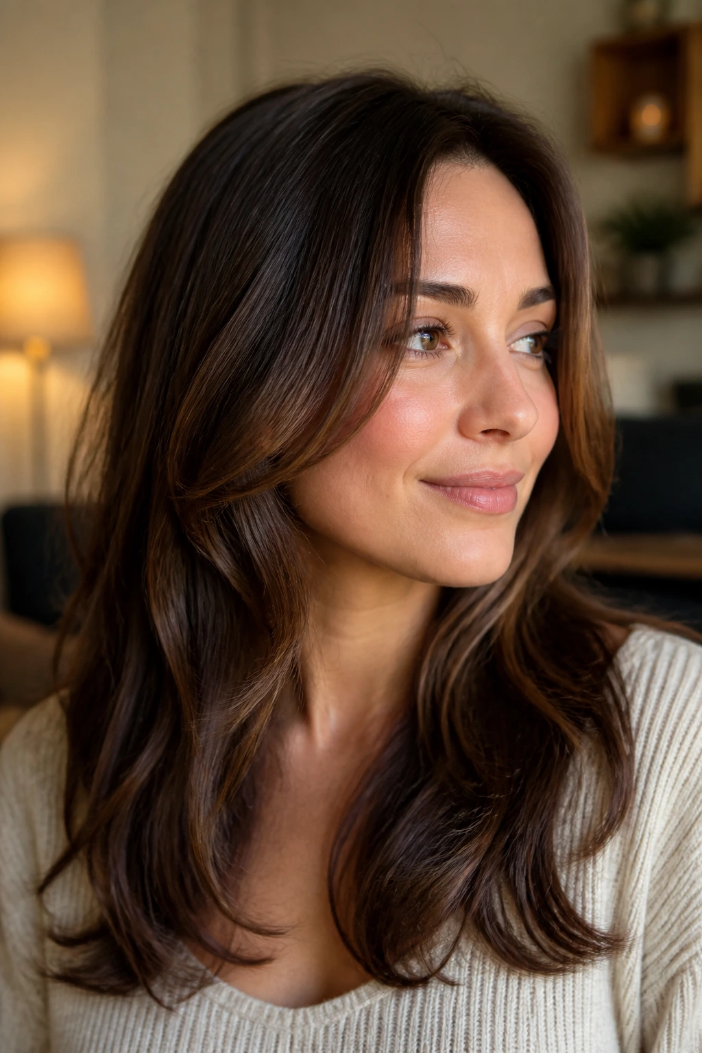 Three-quarter portrait showing chin-narrowing long layers on a real woman