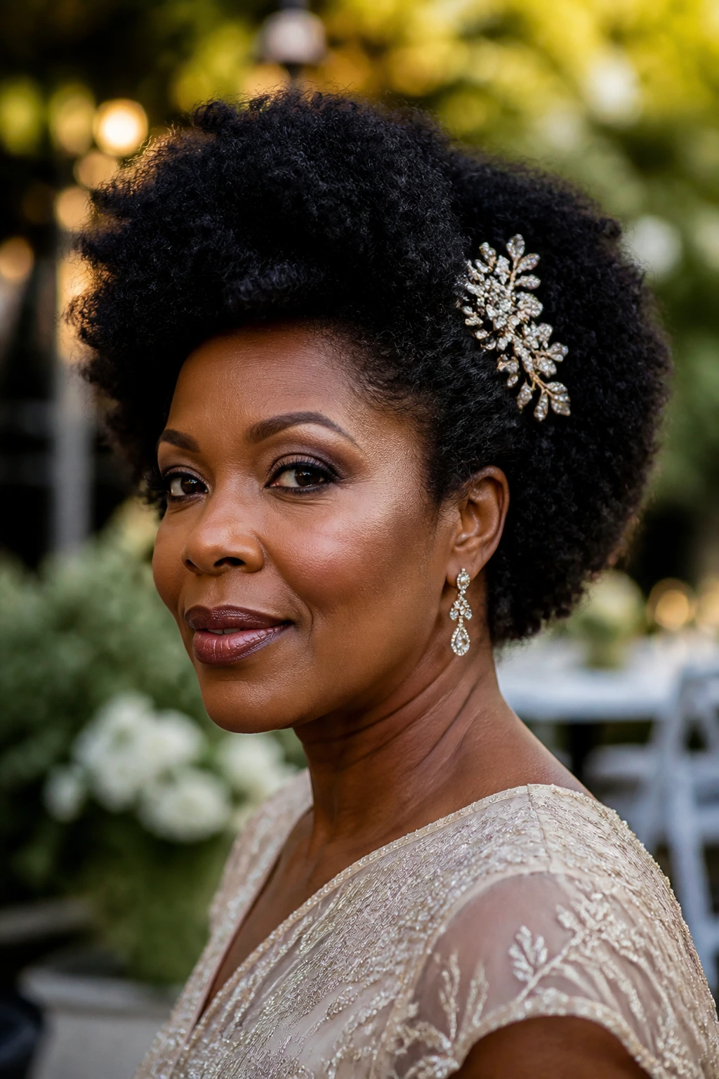 Close-up of a real woman with a natural afro and jewel comb in a garden setting
