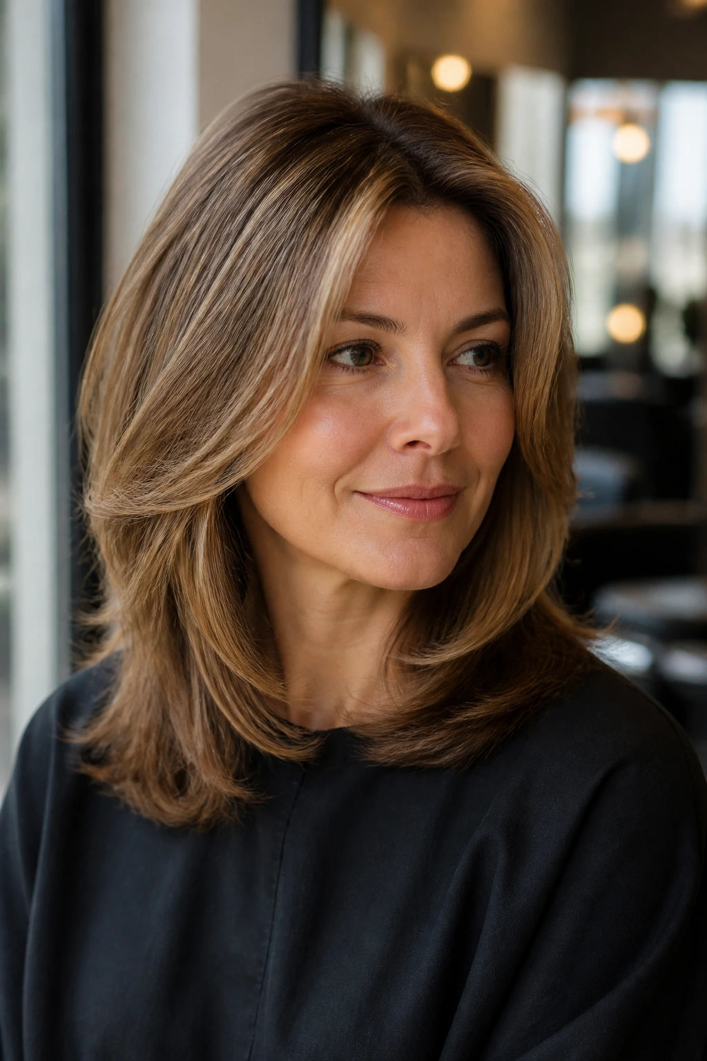 Close-up portrait of a real woman with a natural blowout for thin hair and a square face.