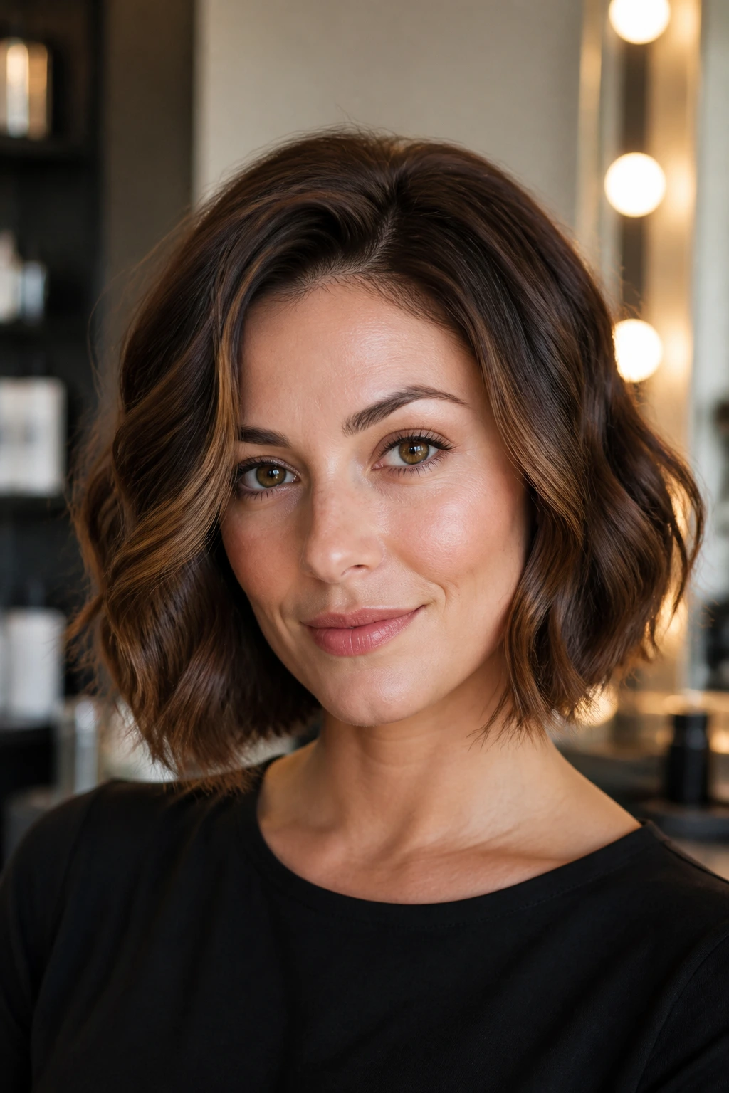 Real woman wearing a bob wig that sits naturally on a heart-shaped face in a hair-studio