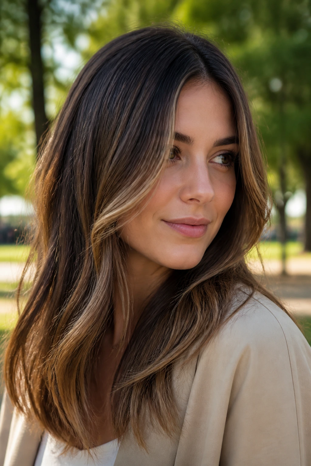 Natural-looking bronde face-framing highlights on brunette hair
