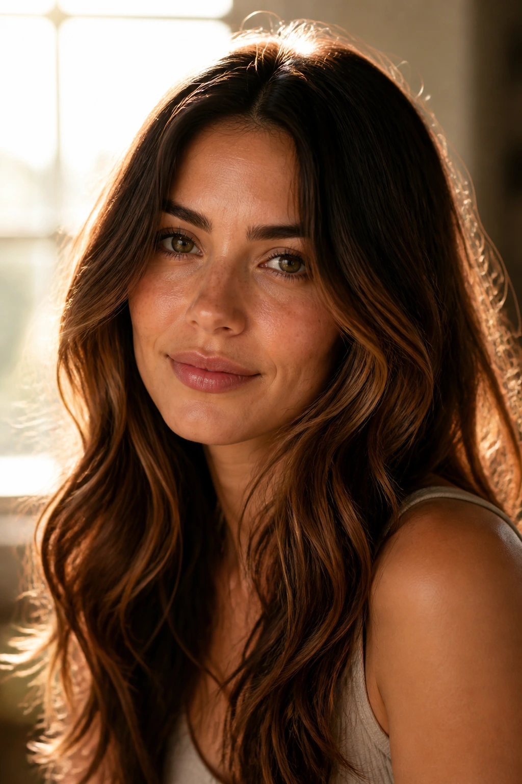 Portrait of a woman with subtle caramel honey highlights and natural glow