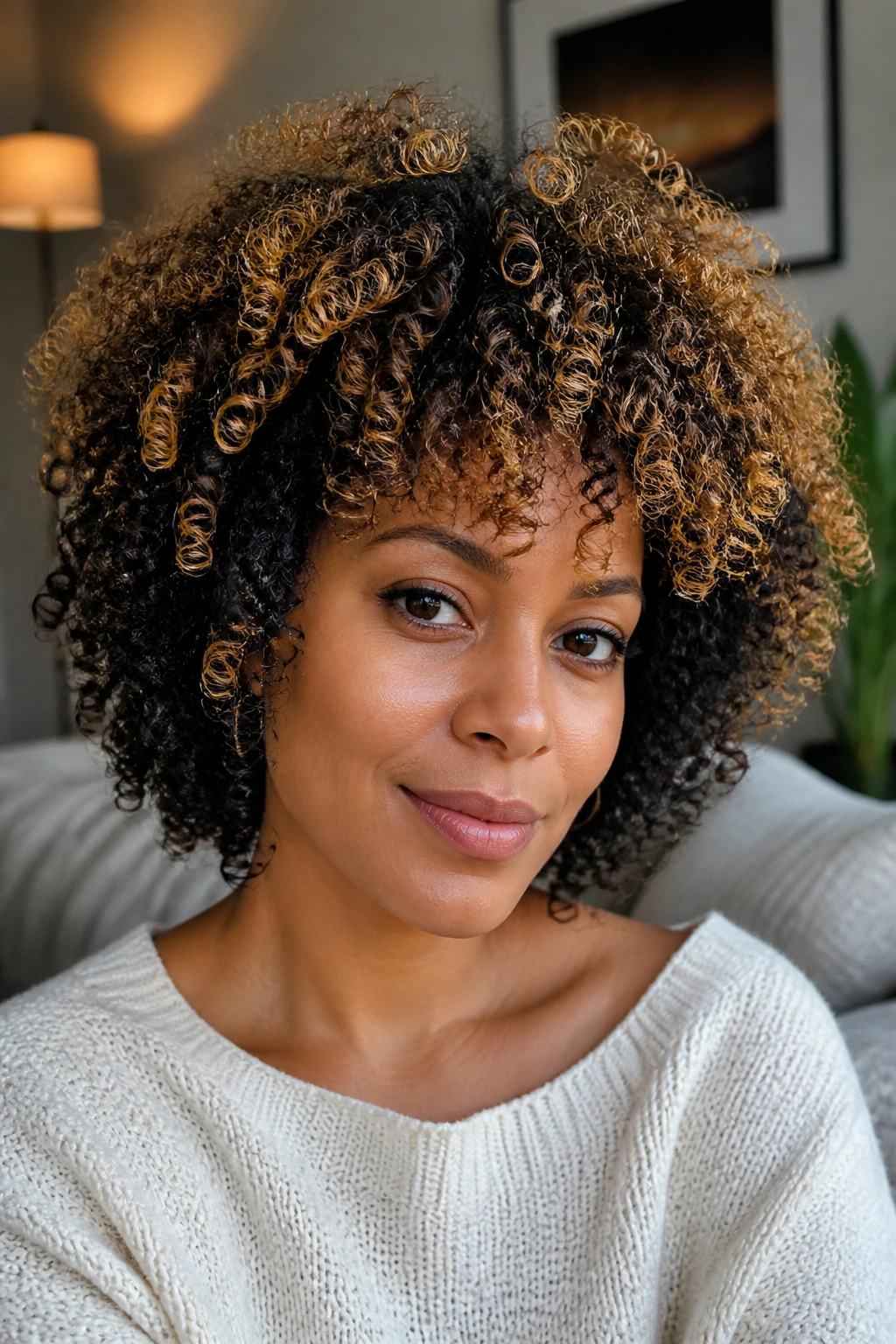 Close-up of a real woman with natural coils and a golden halo of blonde around the crown